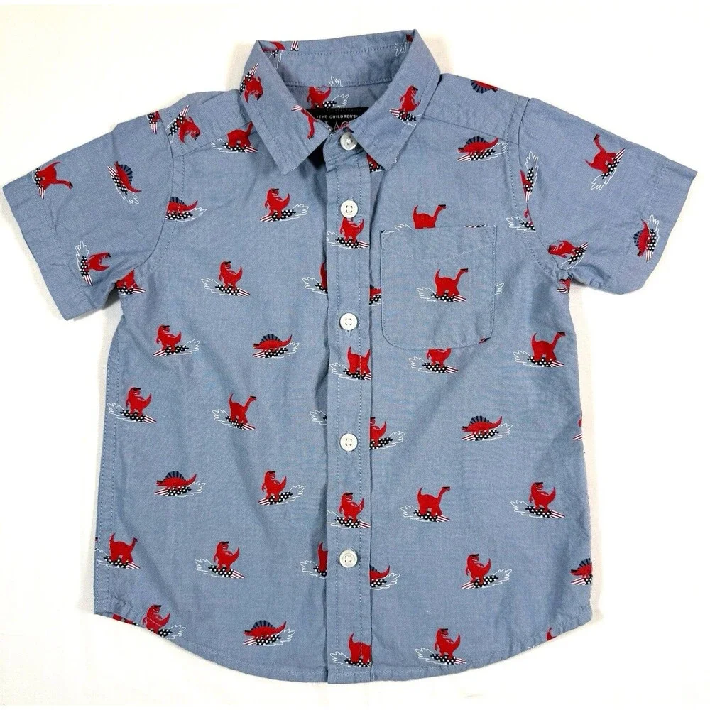 THE CHILDREN’S PLACE Toddler Boy Dinosaur Button Down Shirt Size 2T Blue Cotton